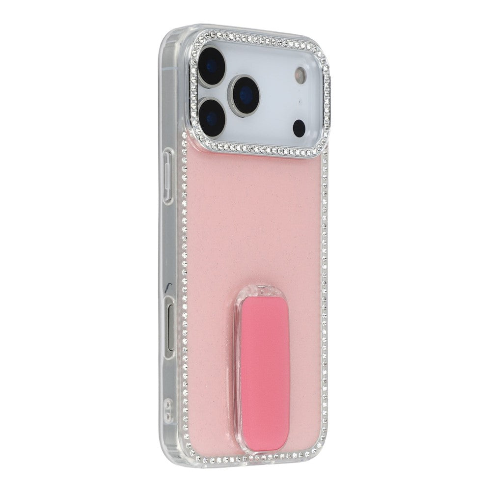 For iPhone 17 Pro Max Case with Straight Mirror Kickstand Rhinestone Edge TPU + PC IMD Phone Cover - Glitter Light Pink