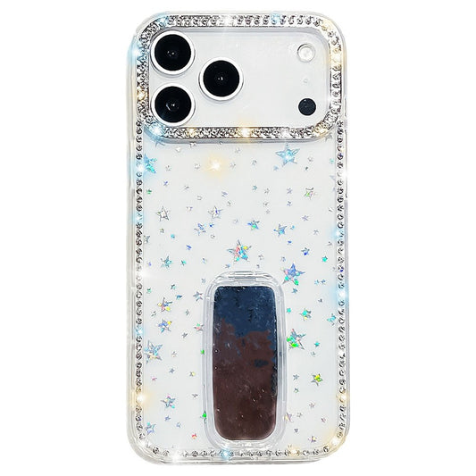 For iPhone 17 Pro Max Case with Straight Mirror Kickstand Rhinestone Edge TPU + PC IMD Phone Cover - Starry Transparent
