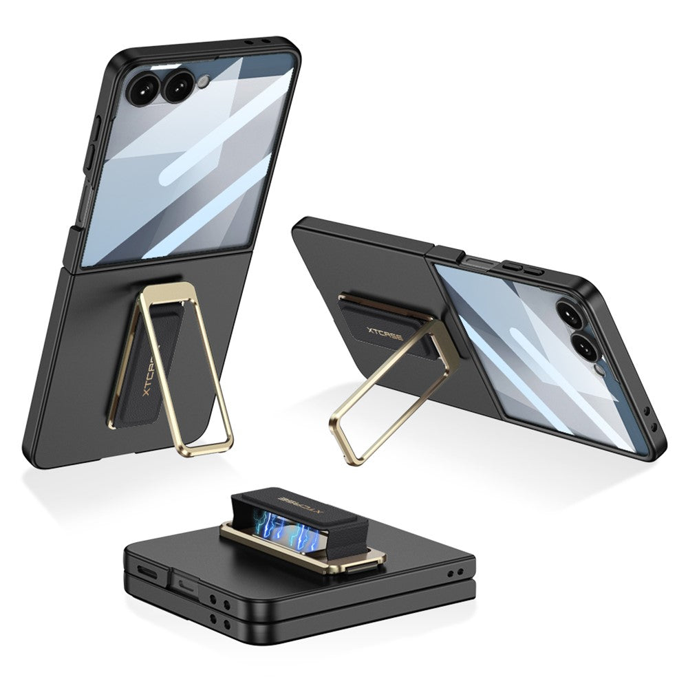 GKK For Samsung Galaxy Z Flip7 5G Case with Kickstand / Magnetic Strap PC Tempered Glass Slim Phone Cover - Black