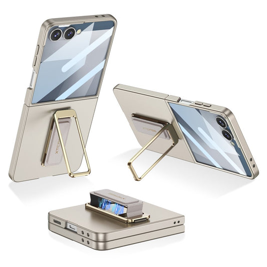 GKK For Samsung Galaxy Z Flip7 5G Case with Kickstand / Magnetic Strap PC Tempered Glass Slim Phone Cover - Titanium Grey