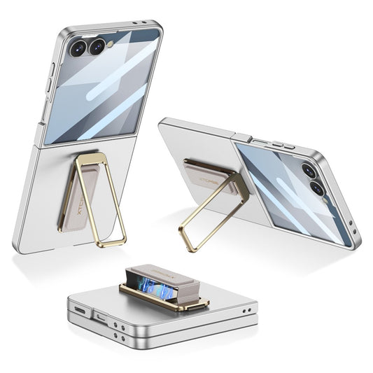 GKK For Samsung Galaxy Z Flip7 5G Case with Kickstand / Magnetic Strap PC Tempered Glass Slim Phone Cover - Silver