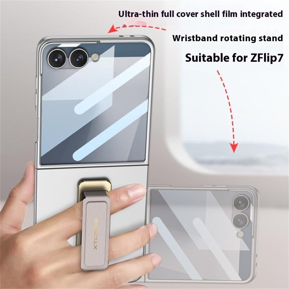 GKK For Samsung Galaxy Z Flip7 5G Case with Kickstand / Magnetic Strap PC Tempered Glass Slim Phone Cover - Silver