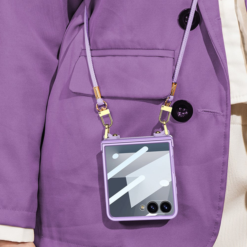 GKK For Samsung Galaxy Z Flip7 5G Case with Shoulder Strap PC Tempered Glass Slim Phone Cover - Purple