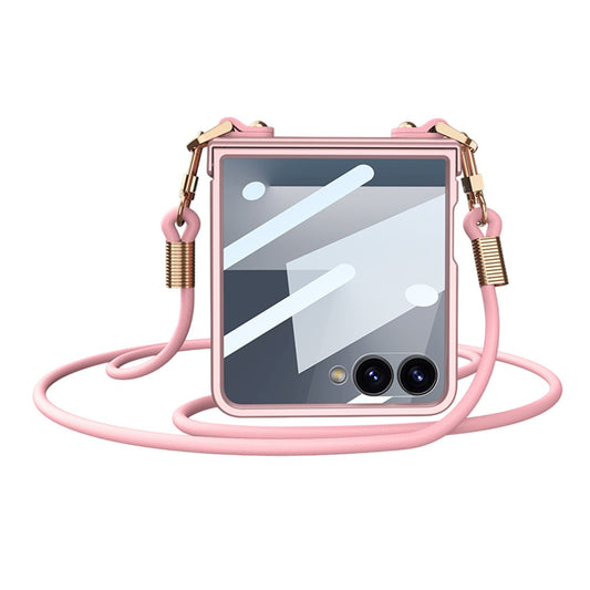 GKK For Samsung Galaxy Z Flip7 5G Case with Shoulder Strap PC Tempered Glass Slim Phone Cover - Pink