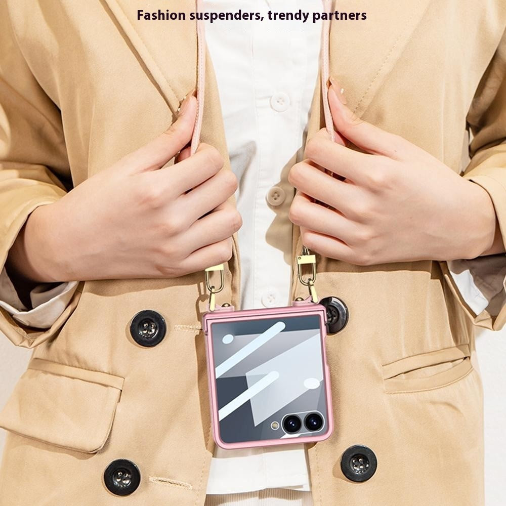 GKK For Samsung Galaxy Z Flip7 5G Case with Shoulder Strap PC Tempered Glass Slim Phone Cover - Pink