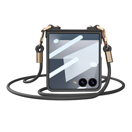 GKK For Samsung Galaxy Z Flip7 5G Case with Shoulder Strap PC Tempered Glass Slim Phone Cover - Black