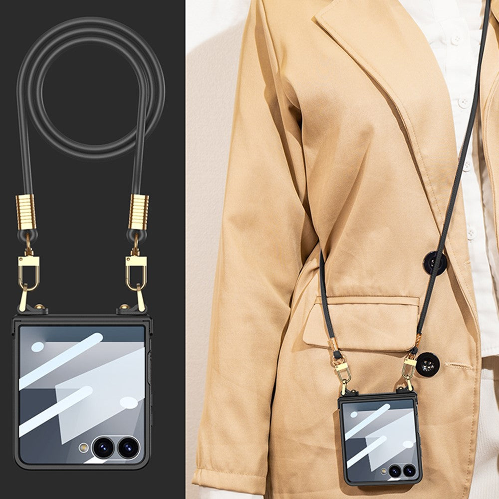 GKK For Samsung Galaxy Z Flip7 5G Case with Shoulder Strap PC Tempered Glass Slim Phone Cover - Black