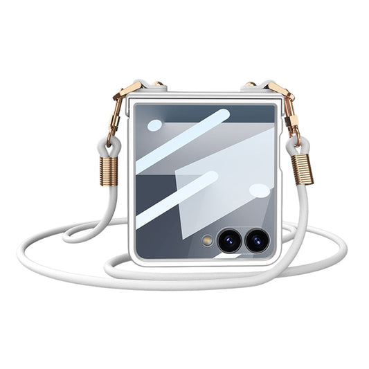 GKK For Samsung Galaxy Z Flip7 5G Case with Shoulder Strap PC Tempered Glass Slim Phone Cover - Silver