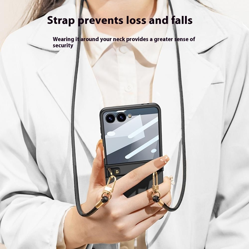 GKK For Samsung Galaxy Z Flip7 5G Case with Shoulder Strap PC Tempered Glass Slim Phone Cover - Silver