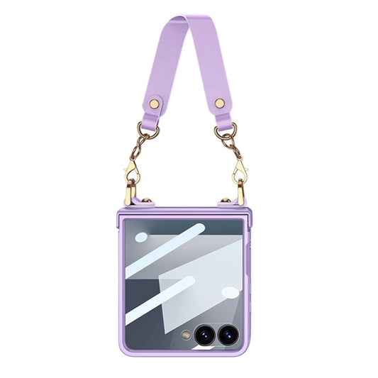 GKK For Samsung Galaxy Z Flip7 5G Case with Wrist Strap / Hinge Protection PC + Tempered Glass Slim Phone Cover - Purple