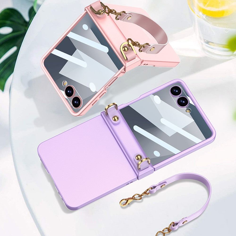 GKK For Samsung Galaxy Z Flip7 5G Case with Wrist Strap / Hinge Protection PC + Tempered Glass Slim Phone Cover - Pink