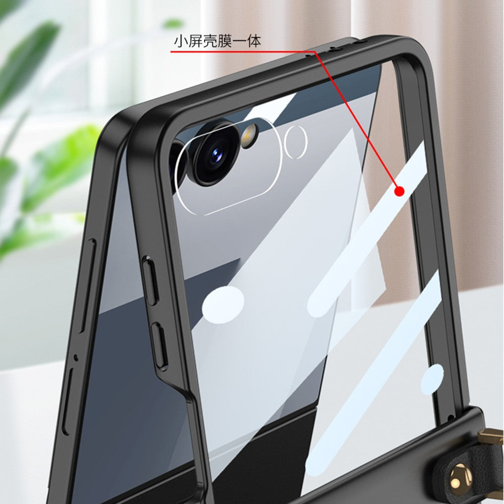GKK For Samsung Galaxy Z Flip7 5G Case with Wrist Strap / Hinge Protection PC + Tempered Glass Slim Phone Cover - Black