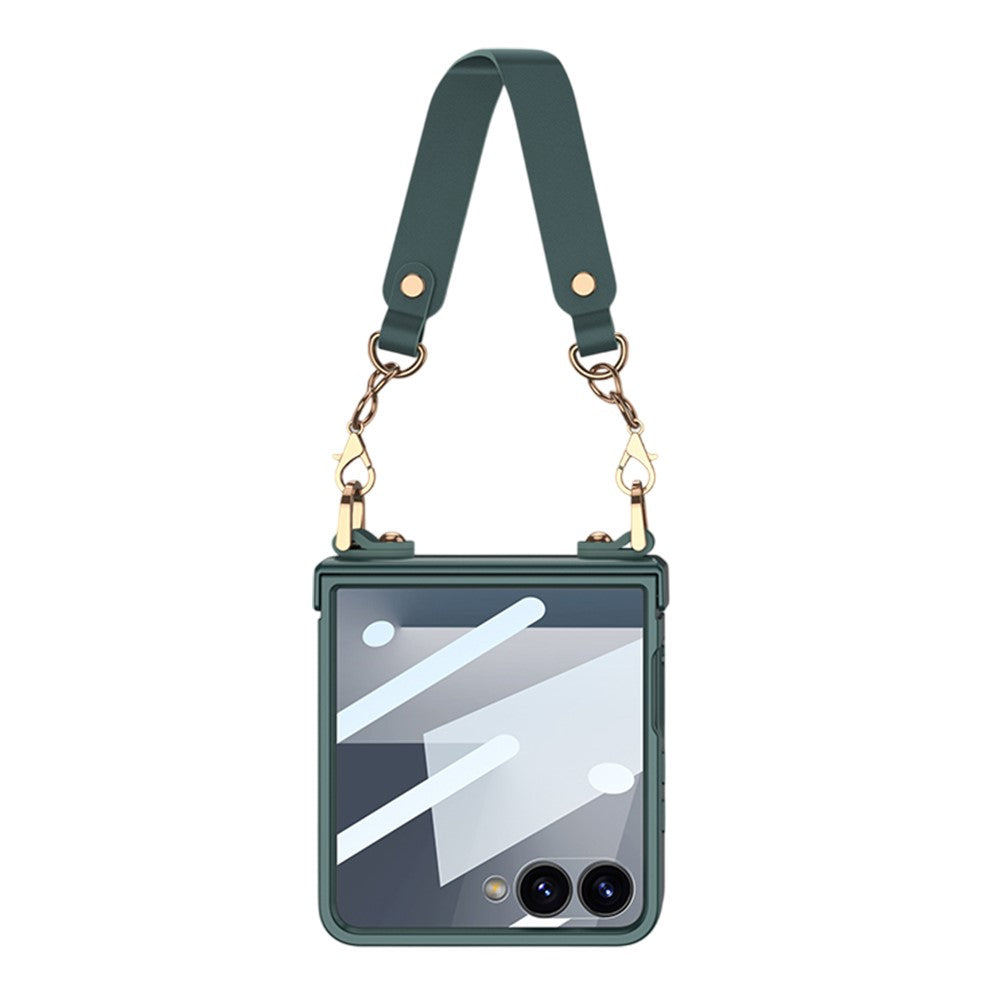 GKK For Samsung Galaxy Z Flip7 5G Case with Wrist Strap / Hinge Protection PC + Tempered Glass Slim Phone Cover - Green