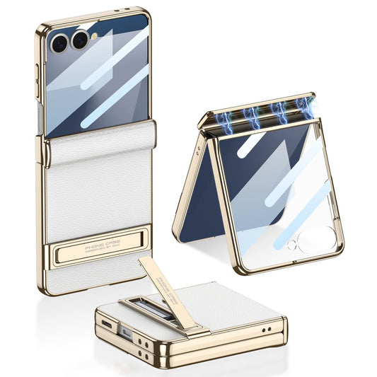 GKK For Samsung Galaxy Z Flip7 5G Kickstand Case Magnetic Hinge Protection PU + PC + Tempered Glass Phone Cover - White