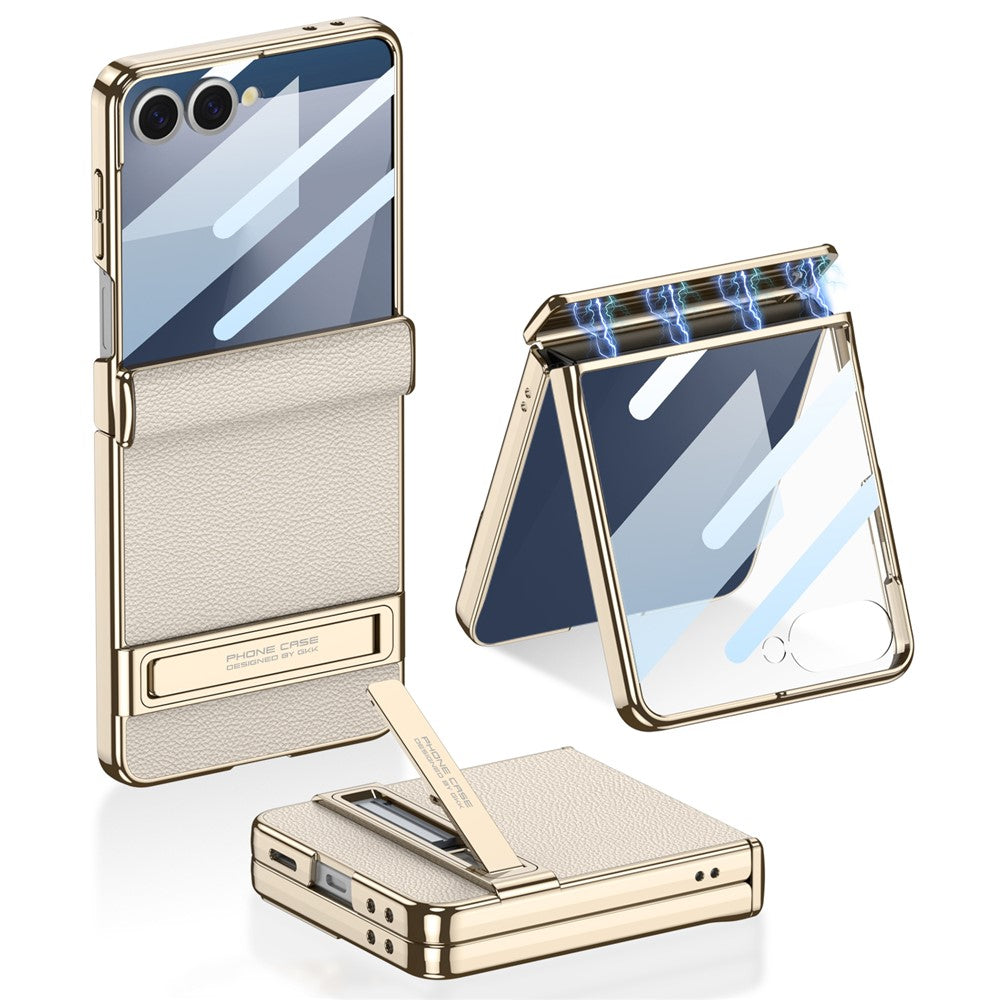 GKK For Samsung Galaxy Z Flip7 5G Kickstand Case Magnetic Hinge Protection PU + PC + Tempered Glass Phone Cover - Titanium Grey
