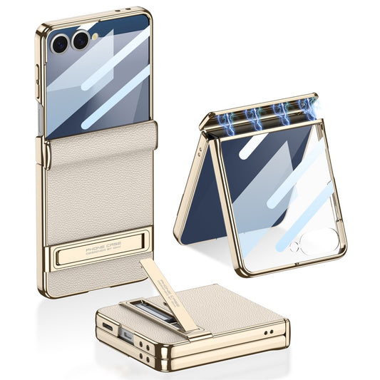 GKK For Samsung Galaxy Z Flip7 5G Kickstand Case Magnetic Hinge Protection PU + PC + Tempered Glass Phone Cover - Titanium Grey