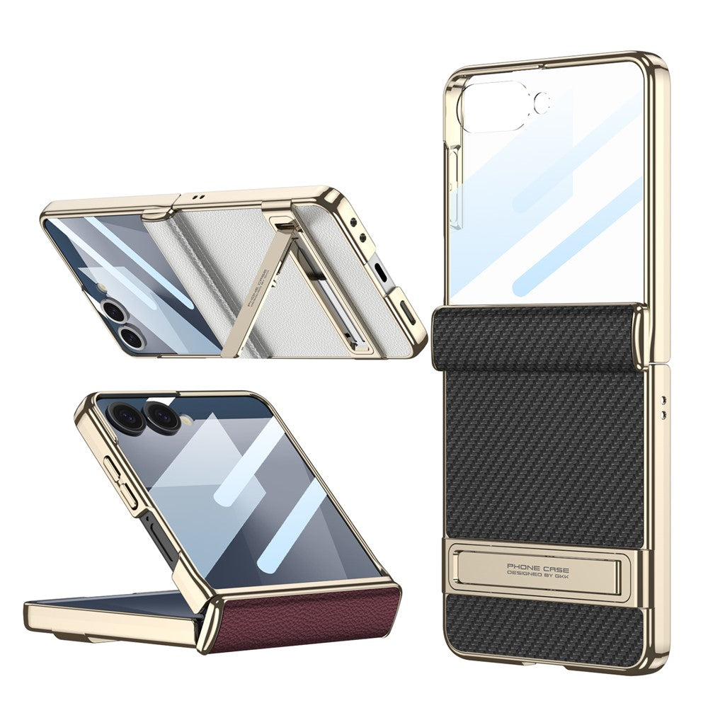 GKK For Samsung Galaxy Z Flip7 5G Kickstand Case Magnetic Hinge Protection PU + PC + Tempered Glass Phone Cover - Titanium Grey