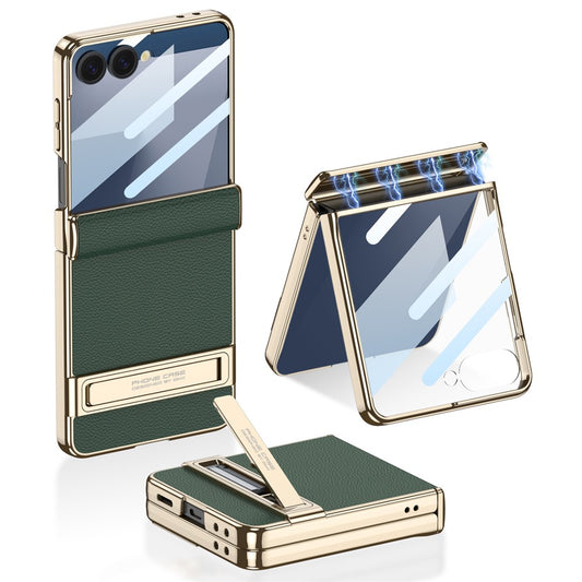 GKK For Samsung Galaxy Z Flip7 5G Kickstand Case Magnetic Hinge Protection PU + PC + Tempered Glass Phone Cover - Midnight Green