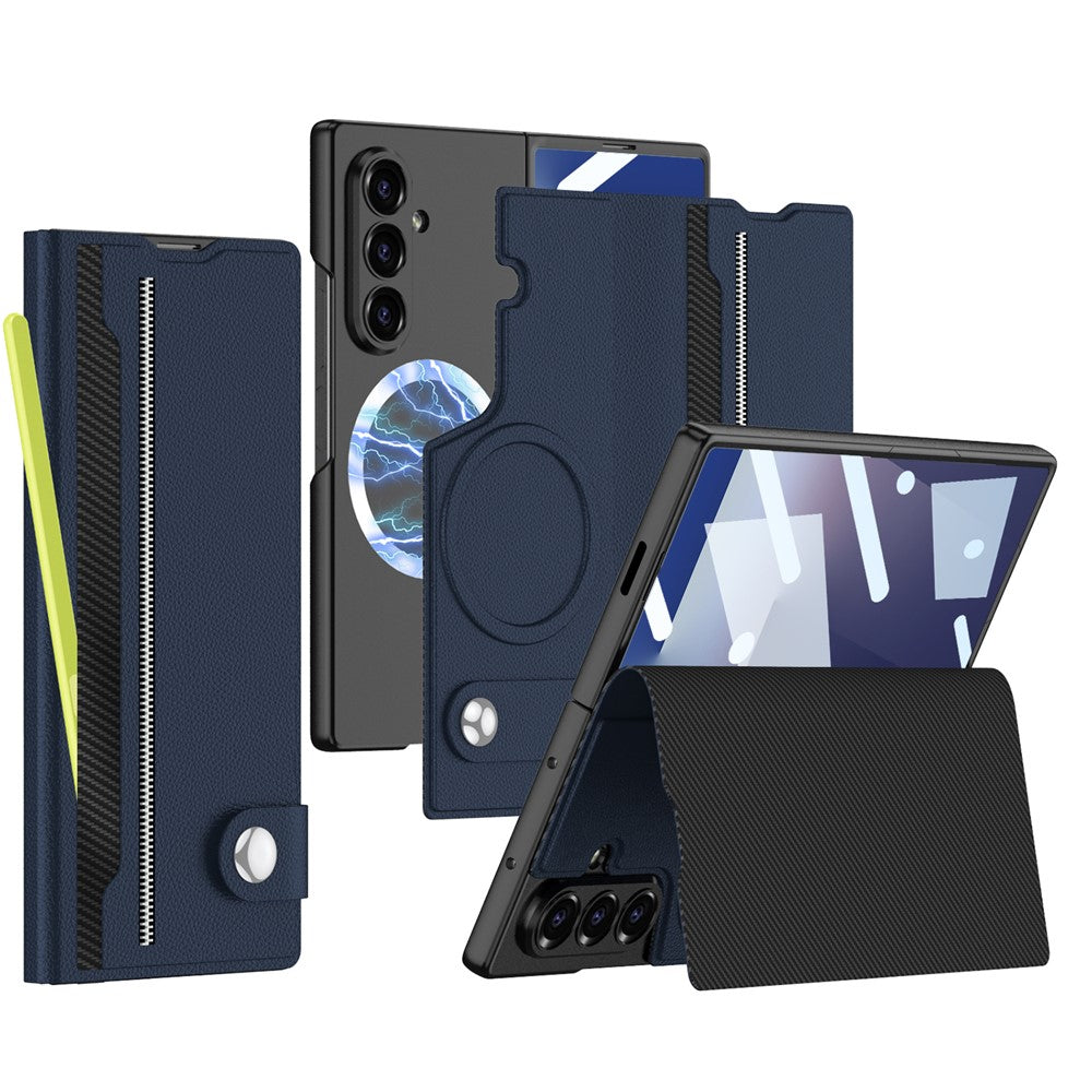 GKK For Samsung Galaxy Z Fold7 5G Magnetic Case with Card Slot Detachable PC PU Leather Flip Phone Cover - Midnight Blue