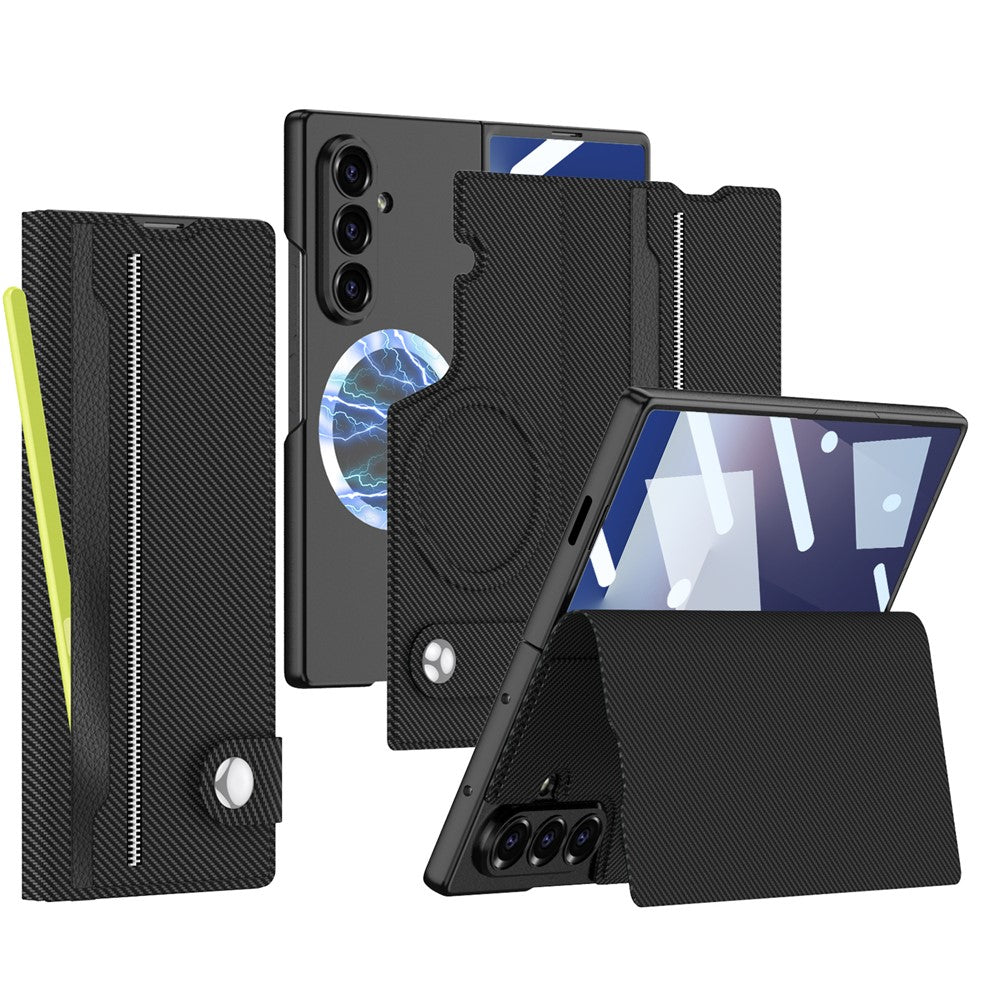GKK For Samsung Galaxy Z Fold7 5G Magnetic Case with Card Slot Detachable PC PU Leather Flip Phone Cover - Carbon Fiber Texture