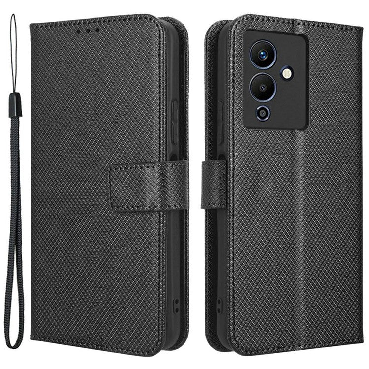For Infinix Note 12 5G / Note 12 Pro 5G / X671 / X671B Diamond Texture Case Stand Wallet Shockproof Phone Cover with Strap - Black