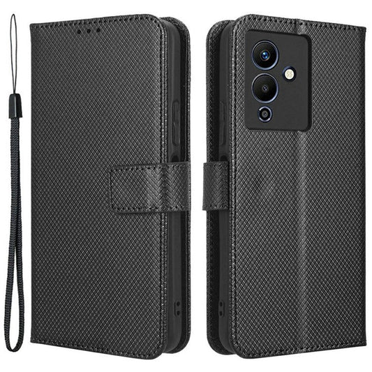 For Infinix Note 12 5G / Note 12 Pro 5G / X671 / X671B Diamond Texture Case Stand Wallet Shockproof Phone Cover with Strap - Black