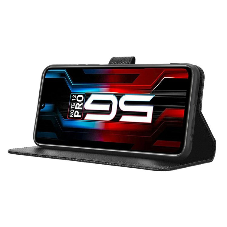 For Infinix Note 12 5G / Note 12 Pro 5G / X671 / X671B Diamond Texture Case Stand Wallet Shockproof Phone Cover with Strap - Black