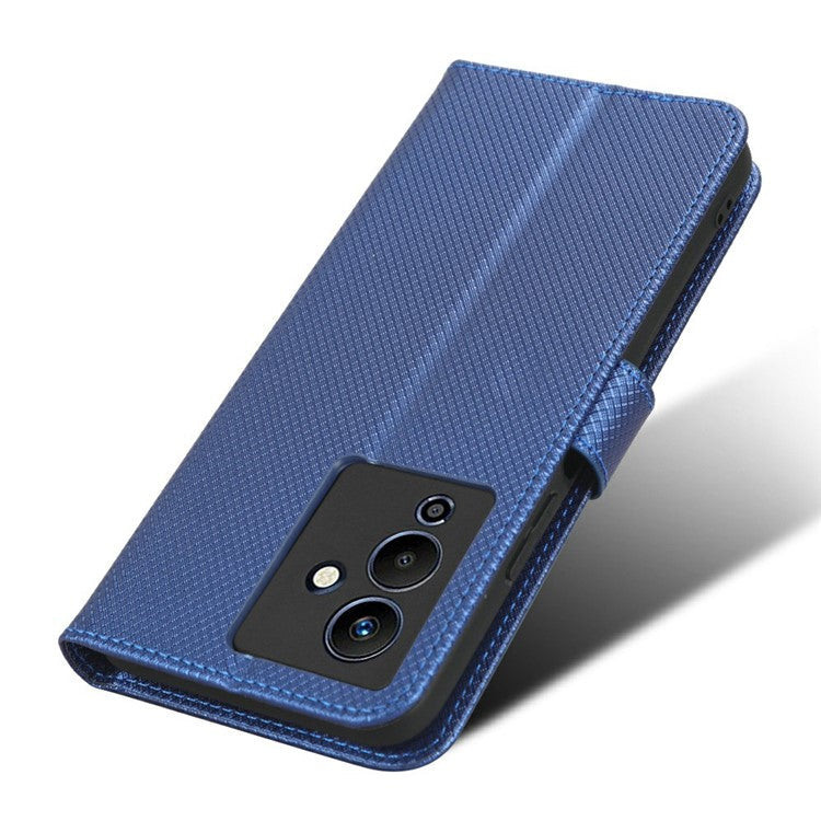 For Infinix Note 12 5G / Note 12 Pro 5G / X671 / X671B Diamond Texture Case Stand Wallet Shockproof Phone Cover with Strap - Blue