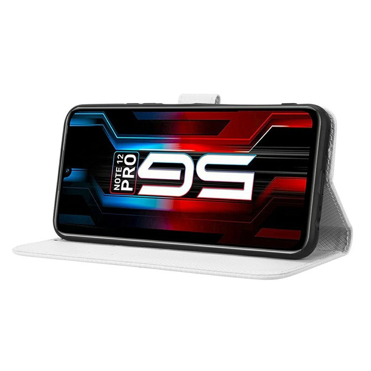 For Infinix Note 12 5G / Note 12 Pro 5G / X671 / X671B Diamond Texture Case Stand Wallet Shockproof Phone Cover with Strap - White