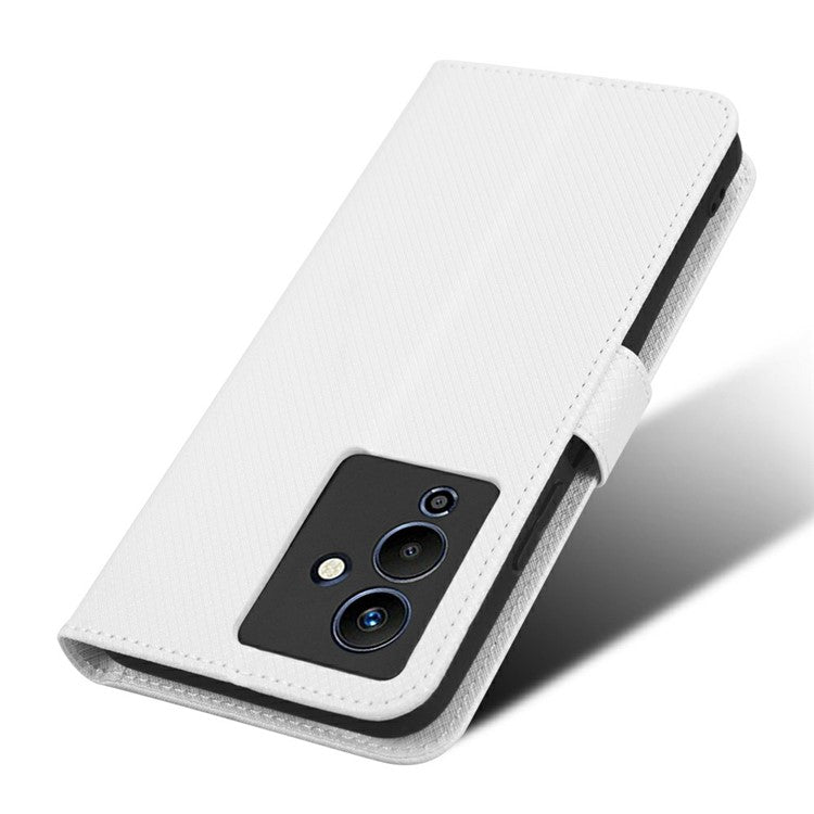 For Infinix Note 12 5G / Note 12 Pro 5G / X671 / X671B Diamond Texture Case Stand Wallet Shockproof Phone Cover with Strap - White