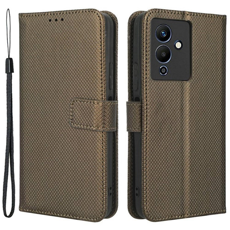 For Infinix Note 12 5G / Note 12 Pro 5G / X671 / X671B Diamond Texture Case Stand Wallet Shockproof Phone Cover with Strap - Brown