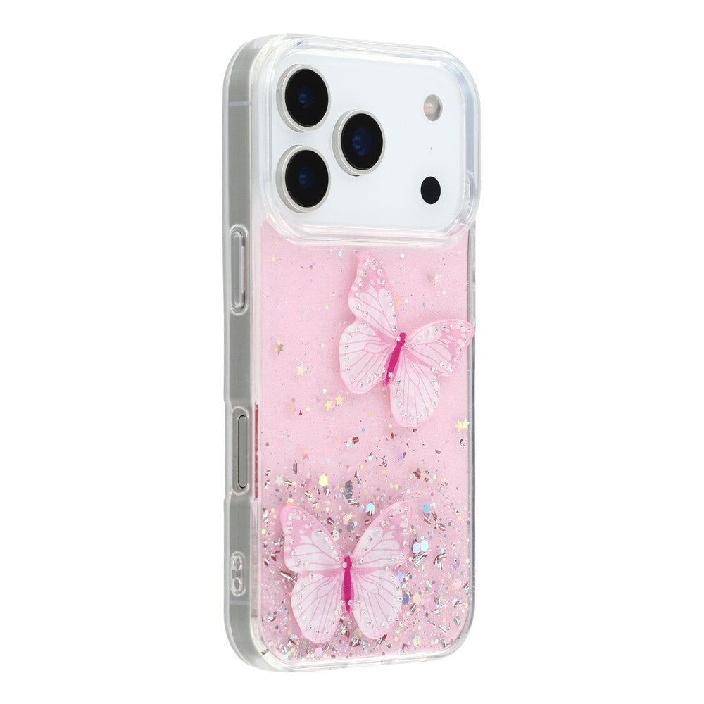 For iPhone 17 Pro Max Case Epoxy PVC Butterfly TPU Aesthetics Phone Cover - Pink