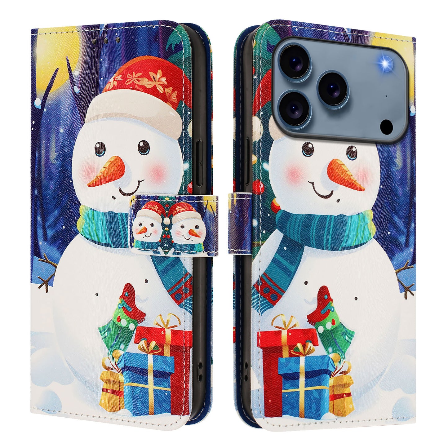For iPhone 17 Pro Max Wallet Case Christmas Pattern Printing Leather Phone Cover with Lanyard - Gift Box Snowman