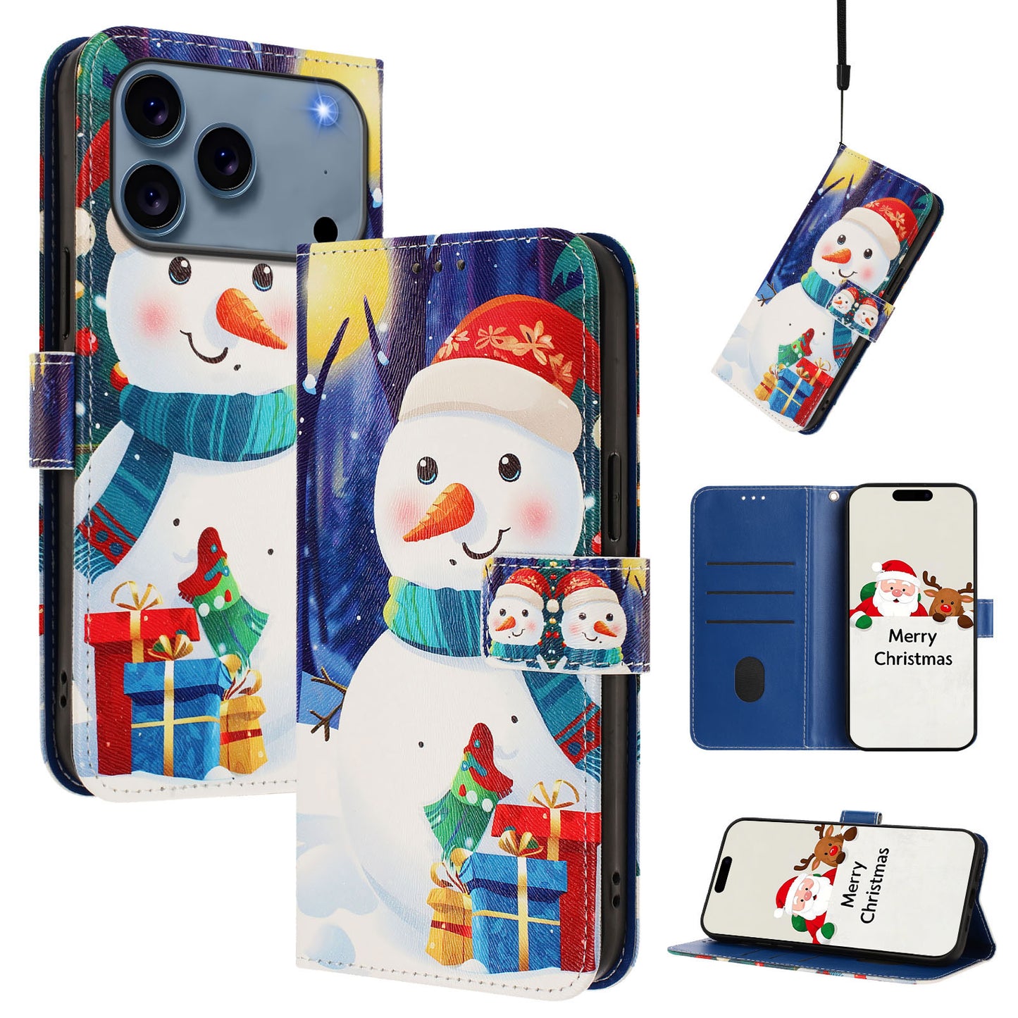 For iPhone 17 Pro Max Wallet Case Christmas Pattern Printing Leather Phone Cover with Lanyard - Gift Box Snowman