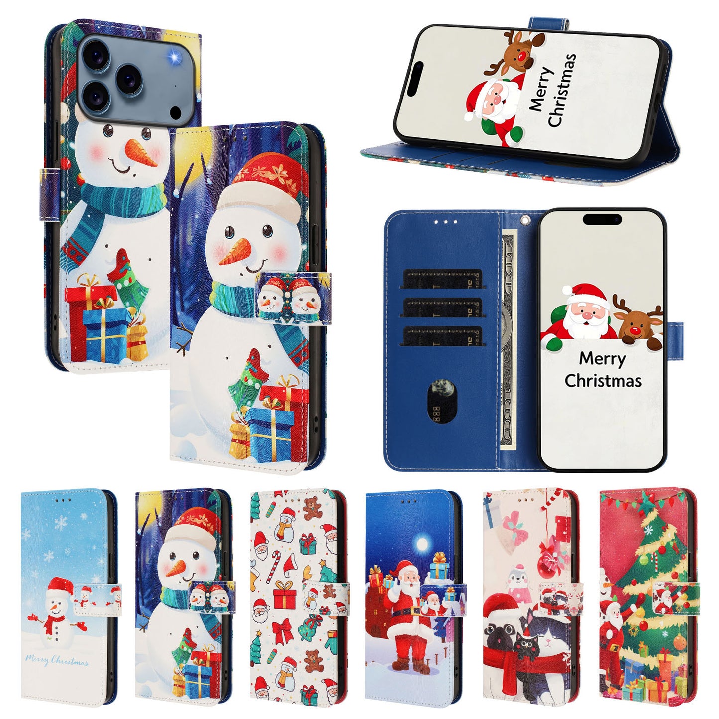 For iPhone 17 Pro Max Wallet Case Christmas Pattern Printing Leather Phone Cover with Lanyard - Gift Box Snowman