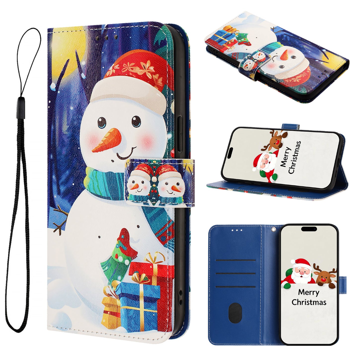 For iPhone 17 Pro Max Wallet Case Christmas Pattern Printing Leather Phone Cover with Lanyard - Gift Box Snowman