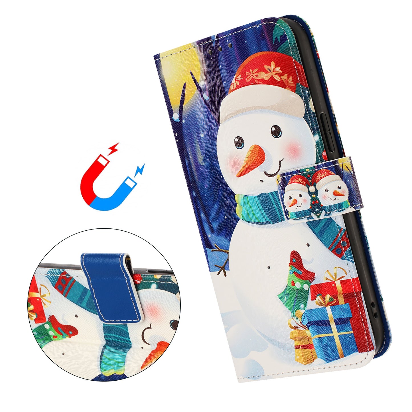 For iPhone 17 Pro Max Wallet Case Christmas Pattern Printing Leather Phone Cover with Lanyard - Gift Box Snowman
