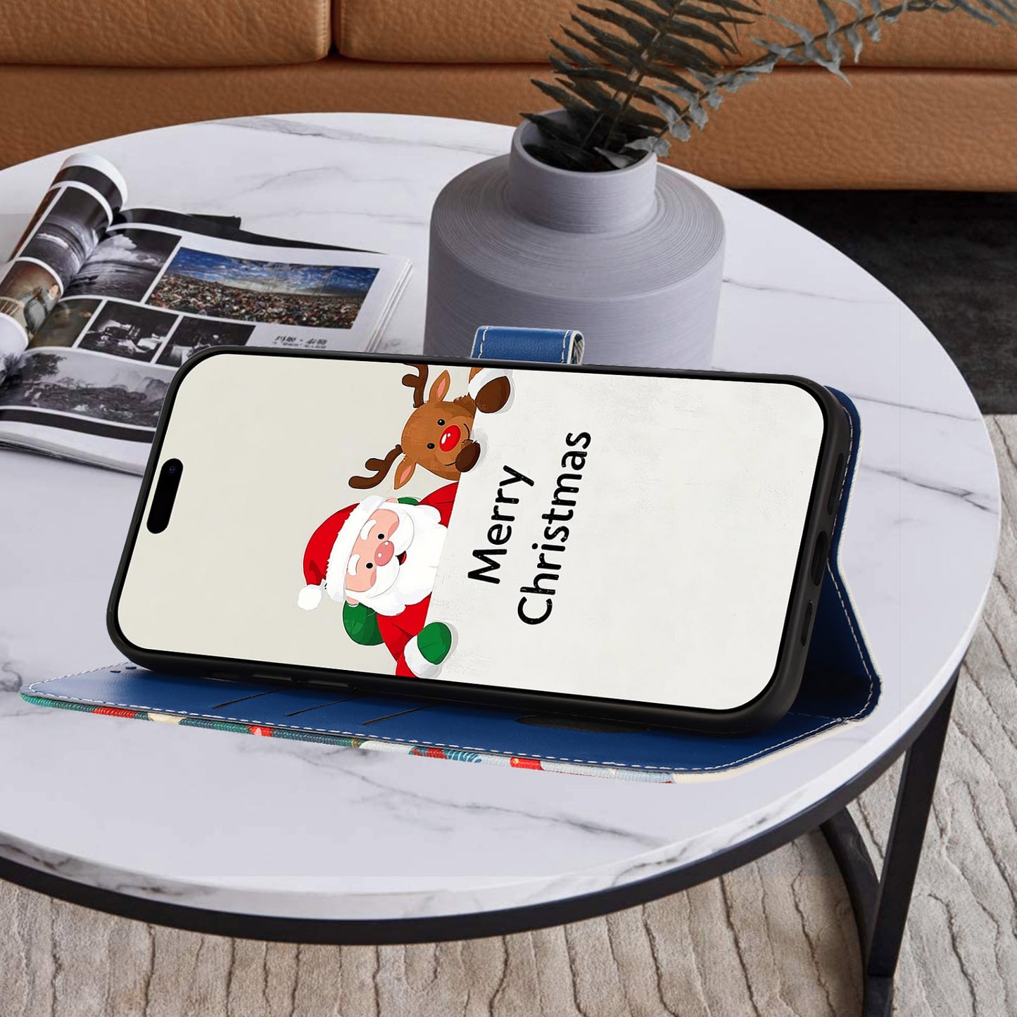 For iPhone 17 Pro Max Wallet Case Christmas Pattern Printing Leather Phone Cover with Lanyard - Gift Box Snowman