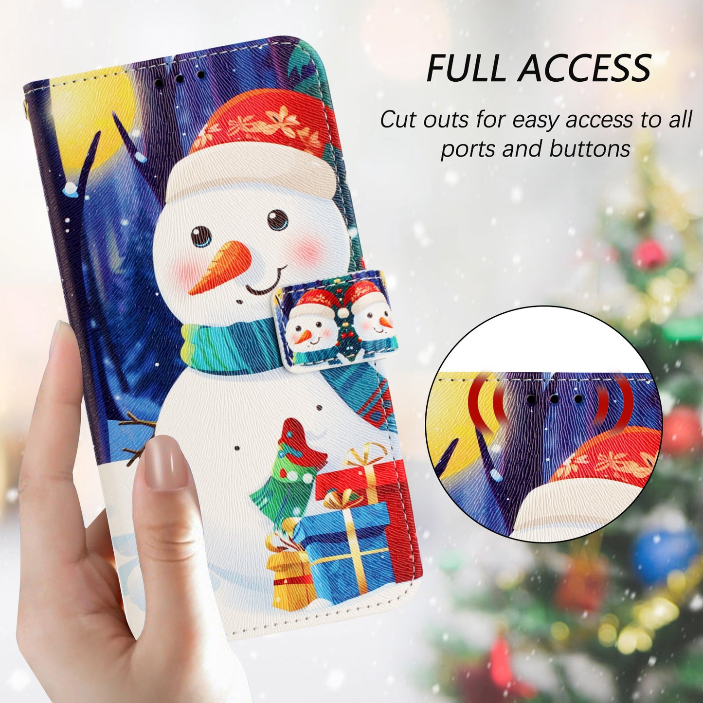 For iPhone 17 Pro Max Wallet Case Christmas Pattern Printing Leather Phone Cover with Lanyard - Gift Box Snowman