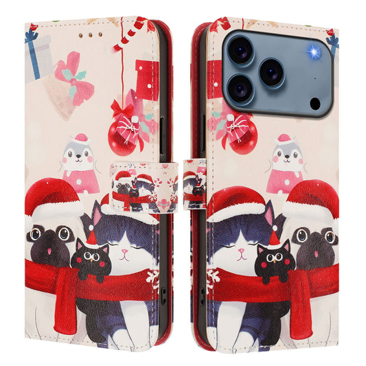 For iPhone 17 Pro Max Wallet Case Christmas Pattern Printing Leather Phone Cover with Lanyard - Christmas Animals