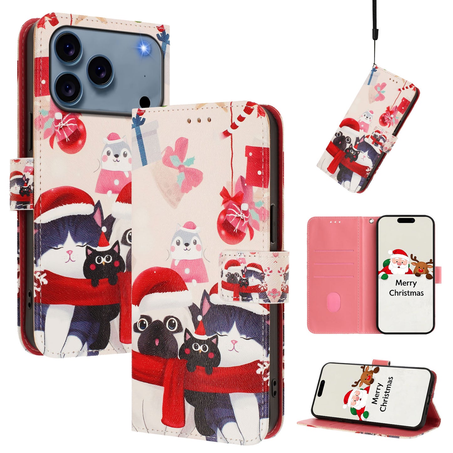 For iPhone 17 Pro Max Wallet Case Christmas Pattern Printing Leather Phone Cover with Lanyard - Christmas Animals