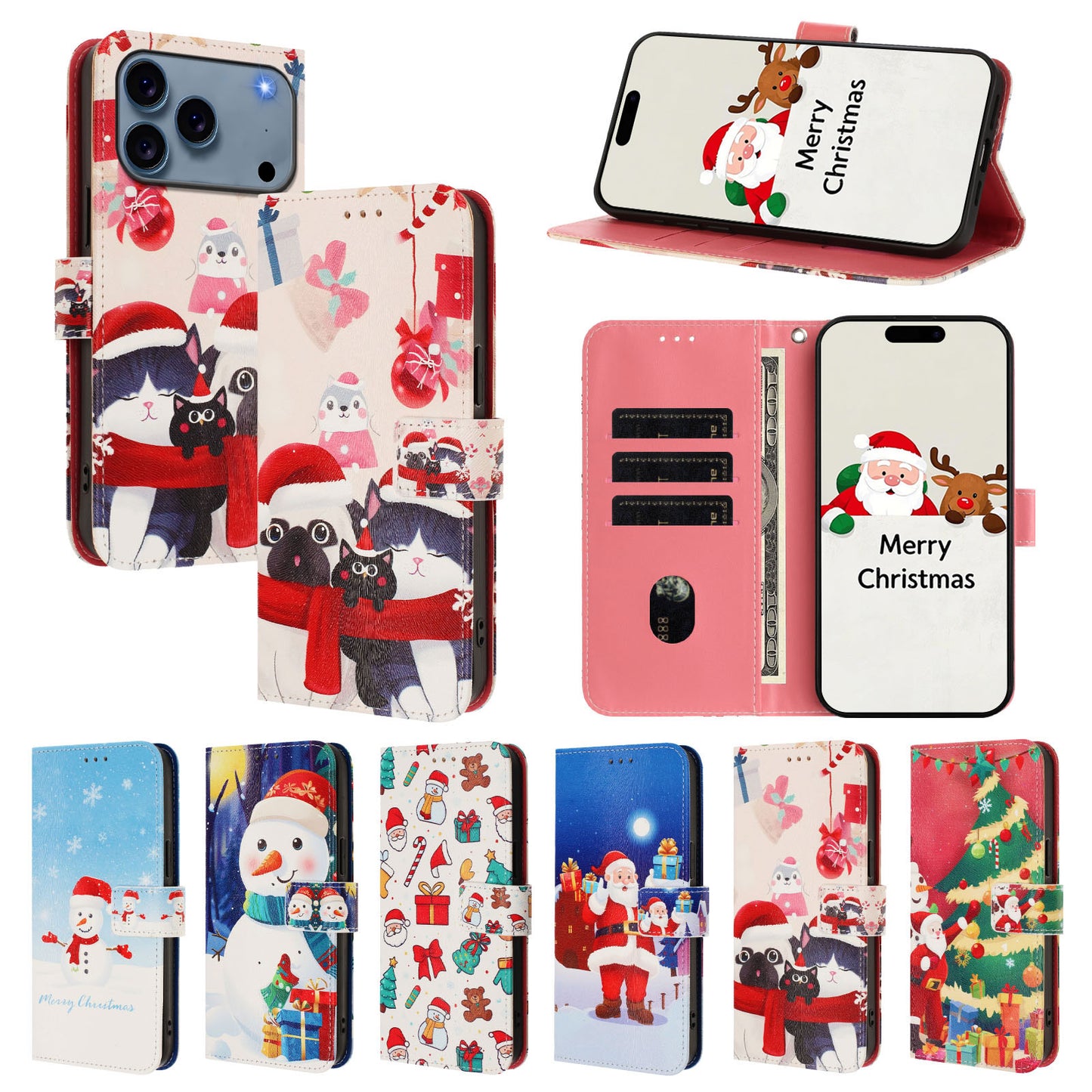 For iPhone 17 Pro Max Wallet Case Christmas Pattern Printing Leather Phone Cover with Lanyard - Christmas Animals
