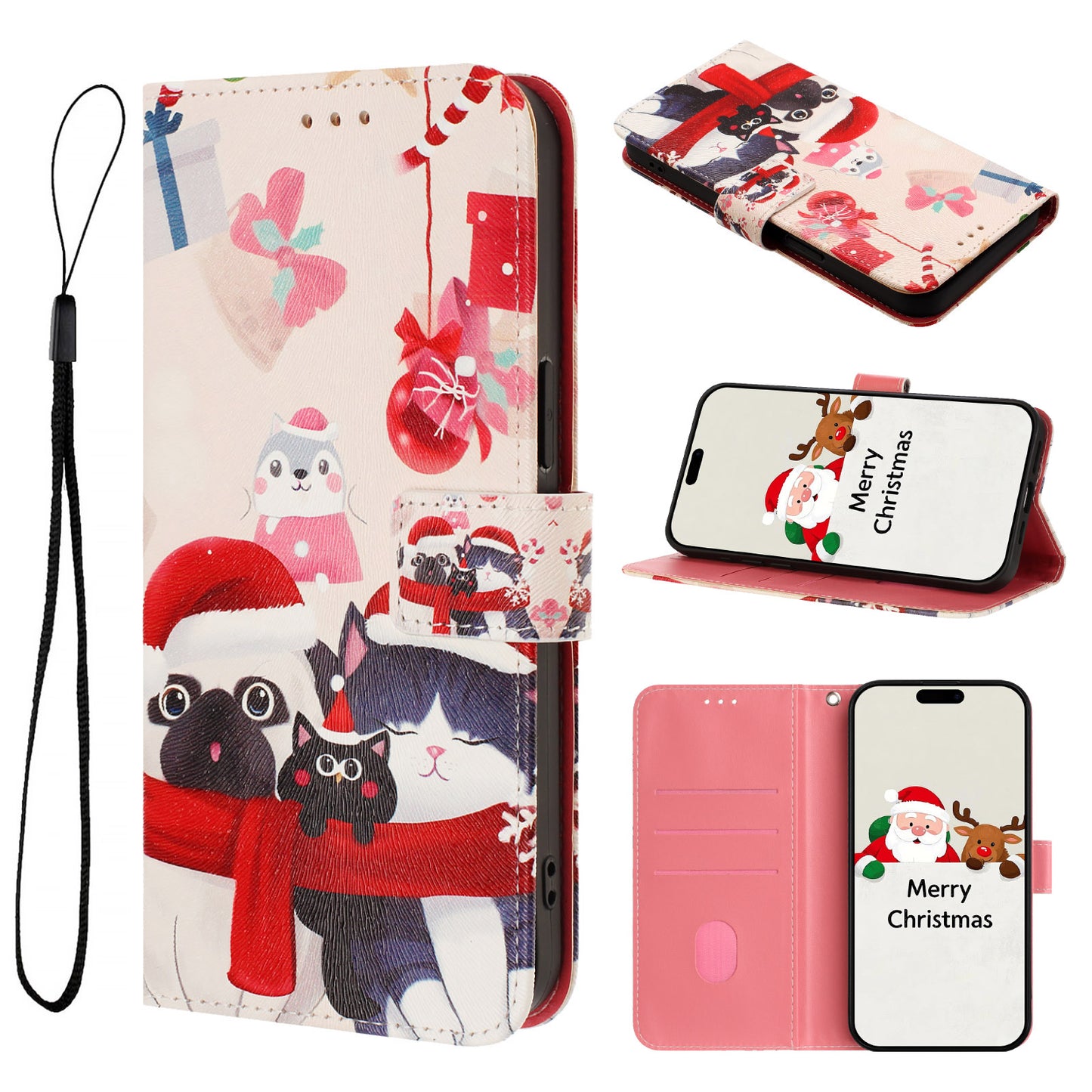 For iPhone 17 Pro Max Wallet Case Christmas Pattern Printing Leather Phone Cover with Lanyard - Christmas Animals
