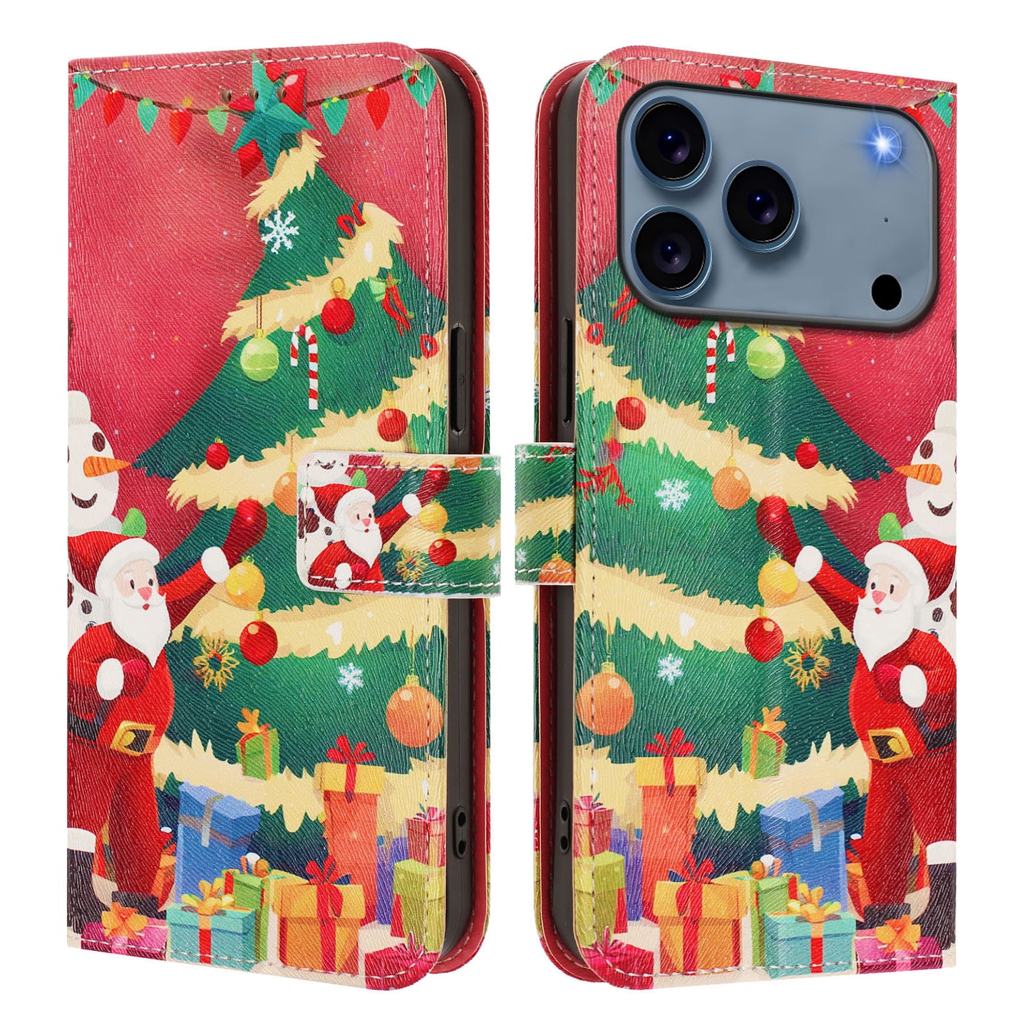 For iPhone 17 Pro Max Wallet Case Christmas Pattern Printing Leather Phone Cover with Lanyard - Christmas Tree