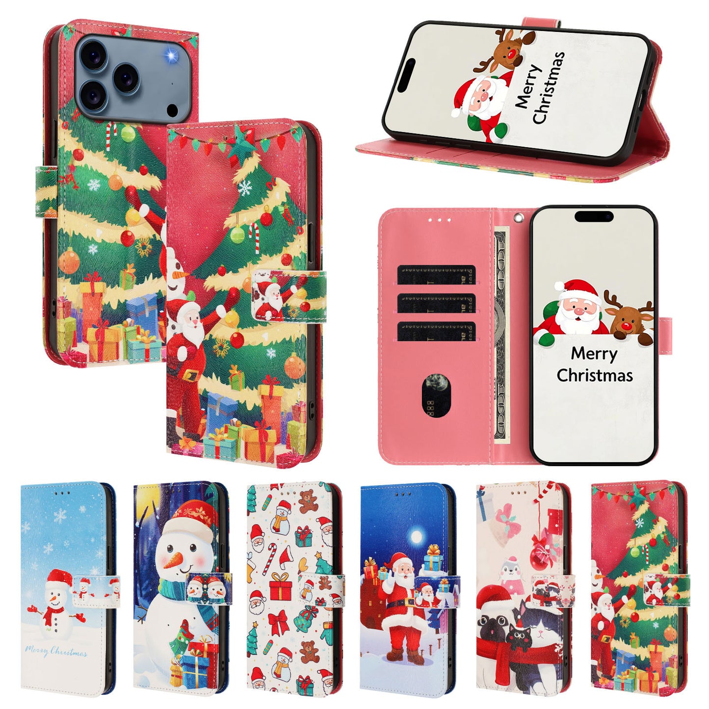 For iPhone 17 Pro Max Wallet Case Christmas Pattern Printing Leather Phone Cover with Lanyard - Christmas Tree