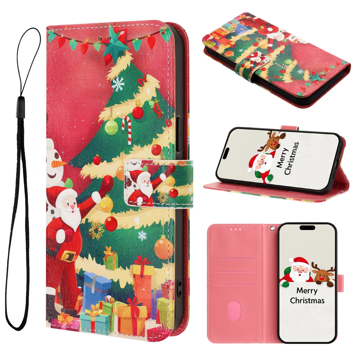For iPhone 17 Pro Max Wallet Case Christmas Pattern Printing Leather Phone Cover with Lanyard - Christmas Tree