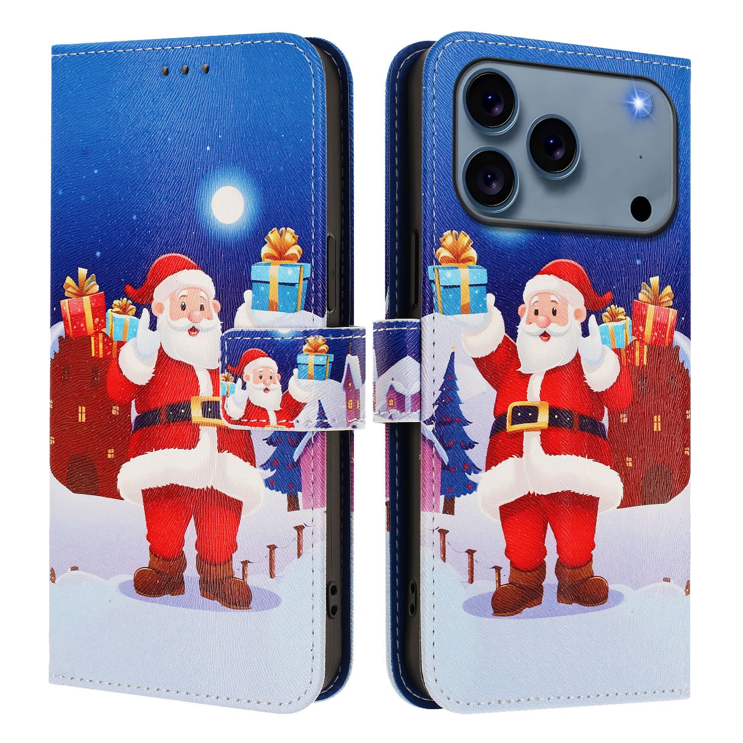 For iPhone 17 Pro Max Wallet Case Christmas Pattern Printing Leather Phone Cover with Lanyard - Christmas Night Scene