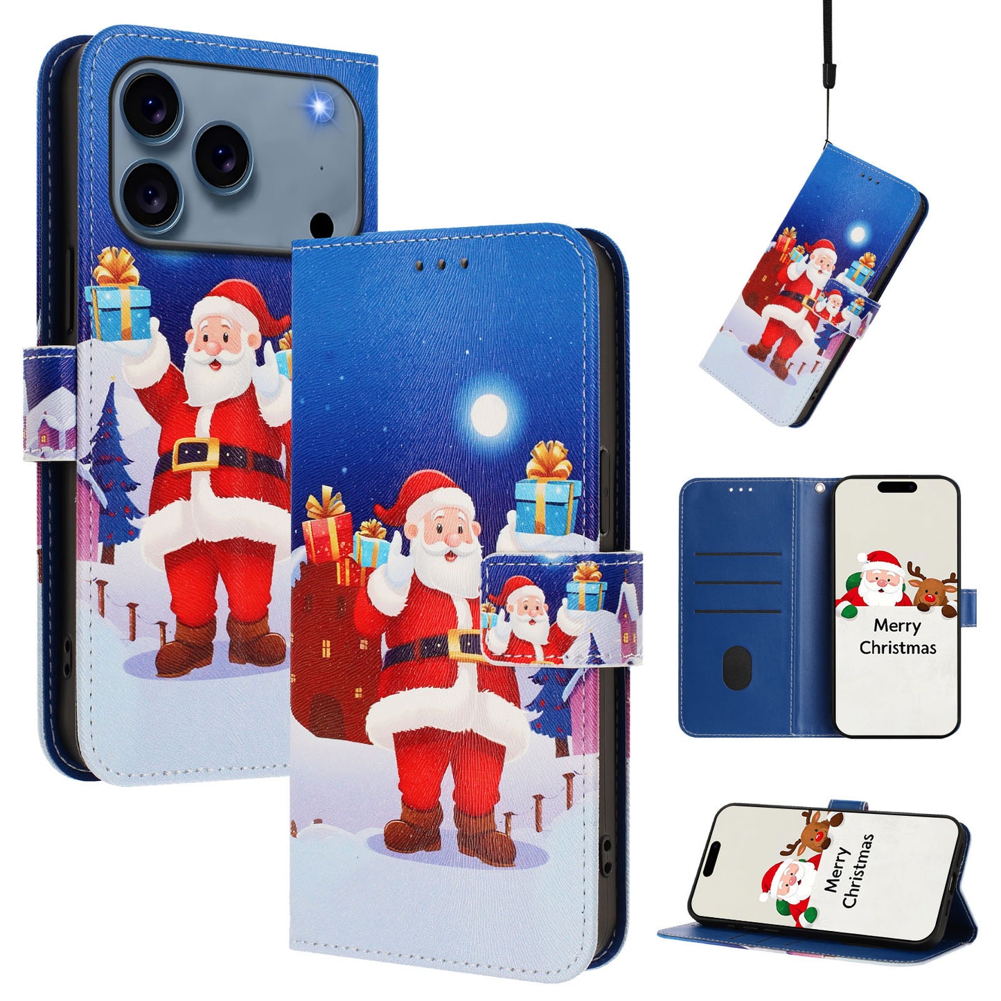 For iPhone 17 Pro Max Wallet Case Christmas Pattern Printing Leather Phone Cover with Lanyard - Christmas Night Scene