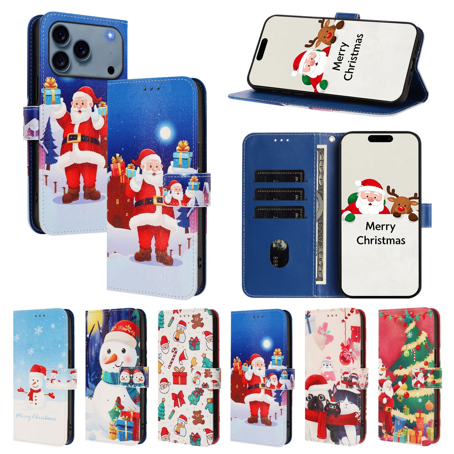 For iPhone 17 Pro Max Wallet Case Christmas Pattern Printing Leather Phone Cover with Lanyard - Christmas Night Scene