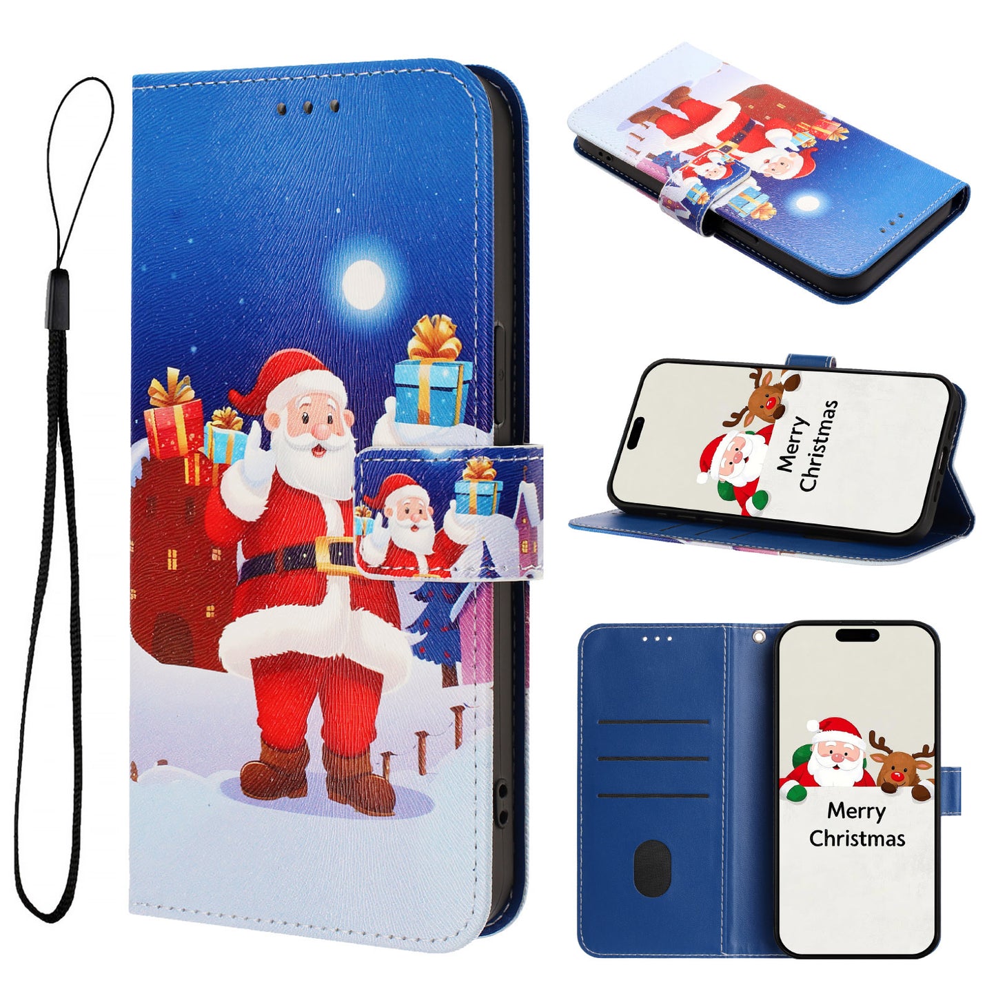 For iPhone 17 Pro Max Wallet Case Christmas Pattern Printing Leather Phone Cover with Lanyard - Christmas Night Scene